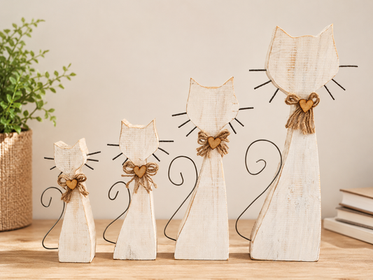 Handmade Wooden Cat Family Decor Set – Rustic Farmhouse Kitten Shelf Ornament