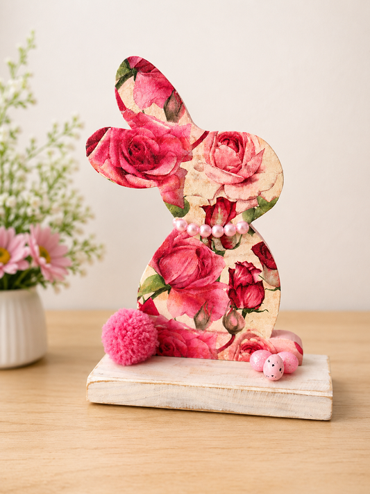 Rose Blossom Wooden Bunny Decor – Handmade in Cape Town, South Africa